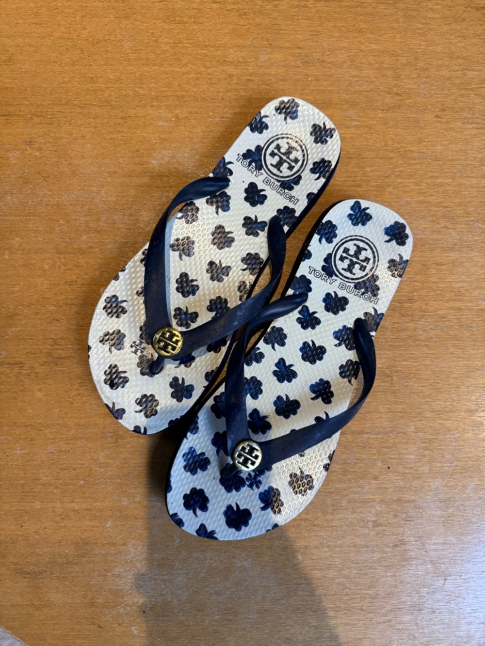 Tory Burch Navy and White Logo Print Flip Flops